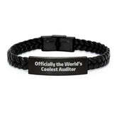 Funny Gift for Auditor, Officially The World's Coolest Auditor Interlaced Leather Bracelet, Christmas Unique Gifts for Men - Image 1